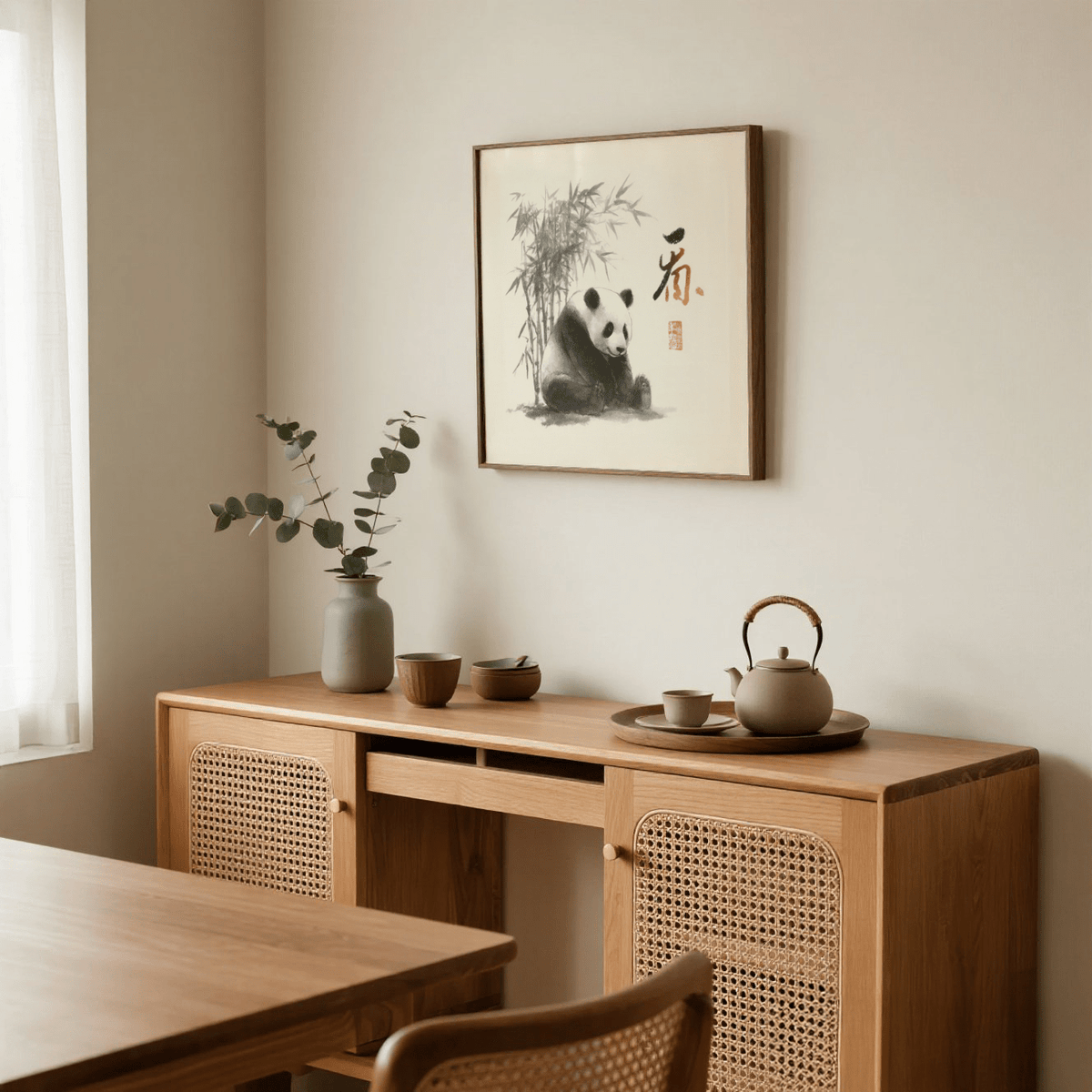 Gray and White Panda Art Print for living room wall decor