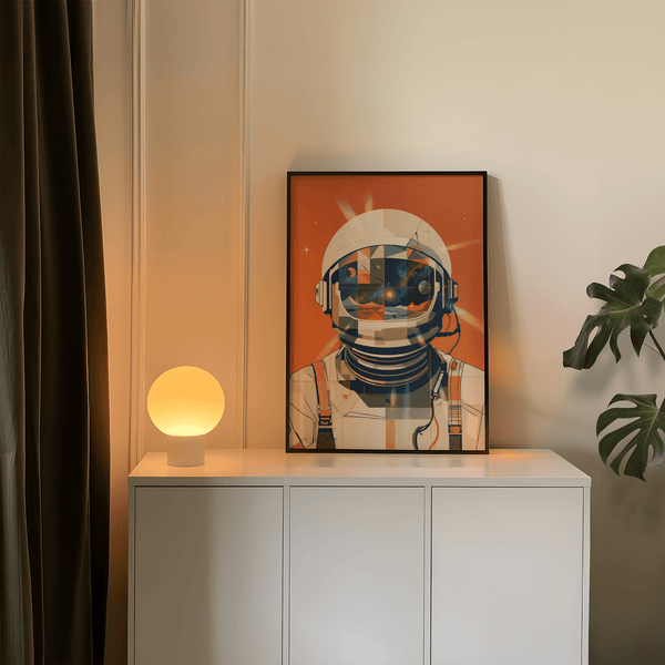 Astronaut Poster art print featuring orange, blue, and beige for kids’ room