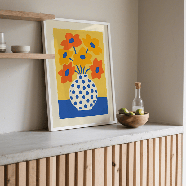 Cheerful Vase and Flowers Poster with White and Beige vase for dining room decor