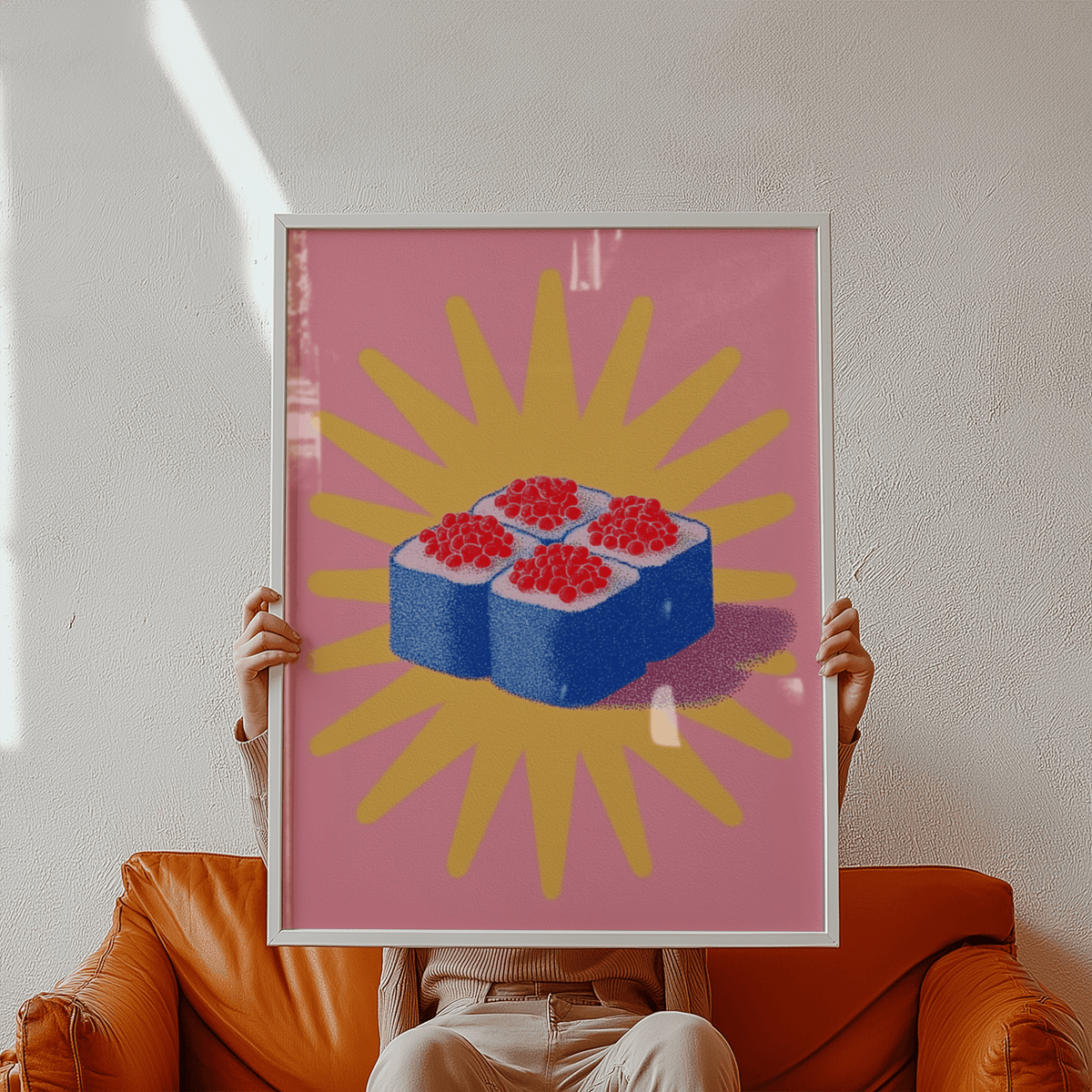Sushi Poster featuring Blue, Yellow, Pink for contemporary wall art