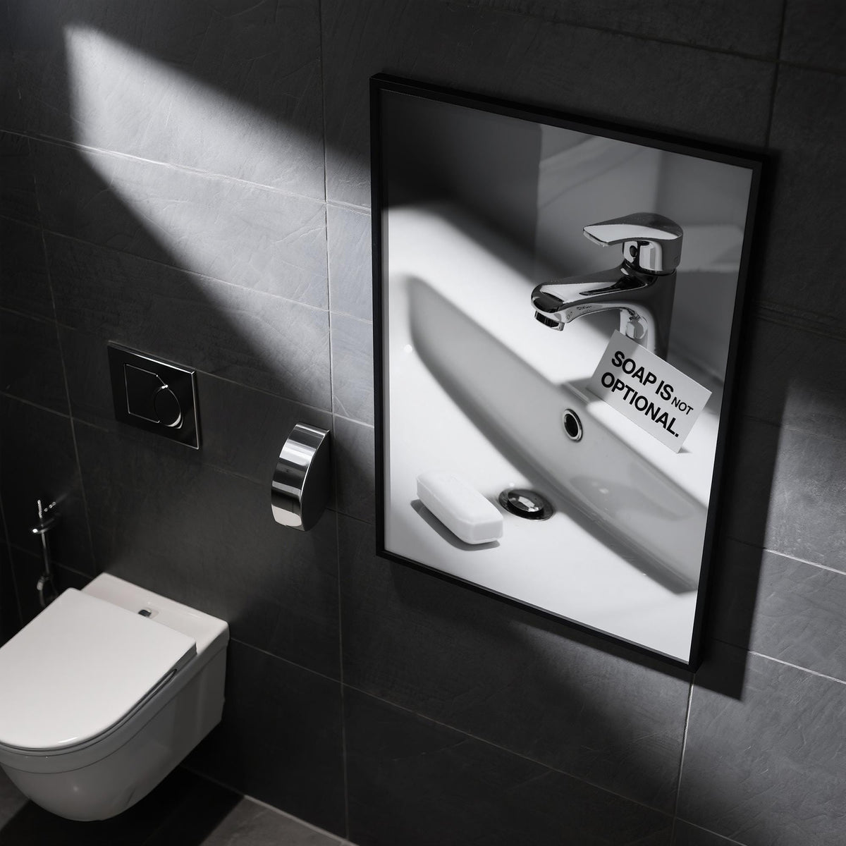 Modern bathroom sink featuring a bold wash hands sign.