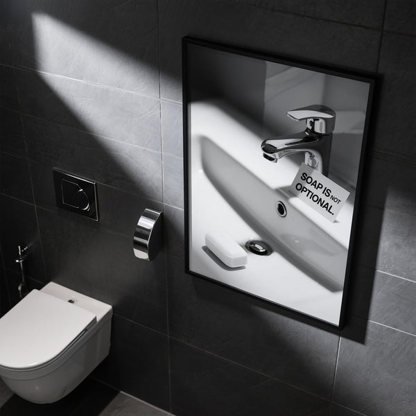 Modern bathroom sink featuring a bold wash hands sign.