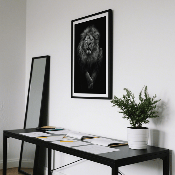 Gallery-style Black Lion Art Print featuring front paw in the foreground