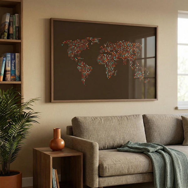 Living room with a world map on the wall, sofa, and bookshelf.