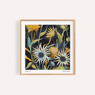 Abstract art floral print with blue and yellow flowers for living room wall