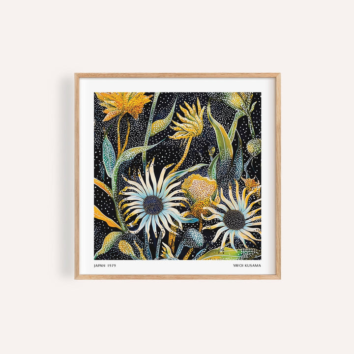 Abstract art floral print with blue and yellow flowers for living room wall
