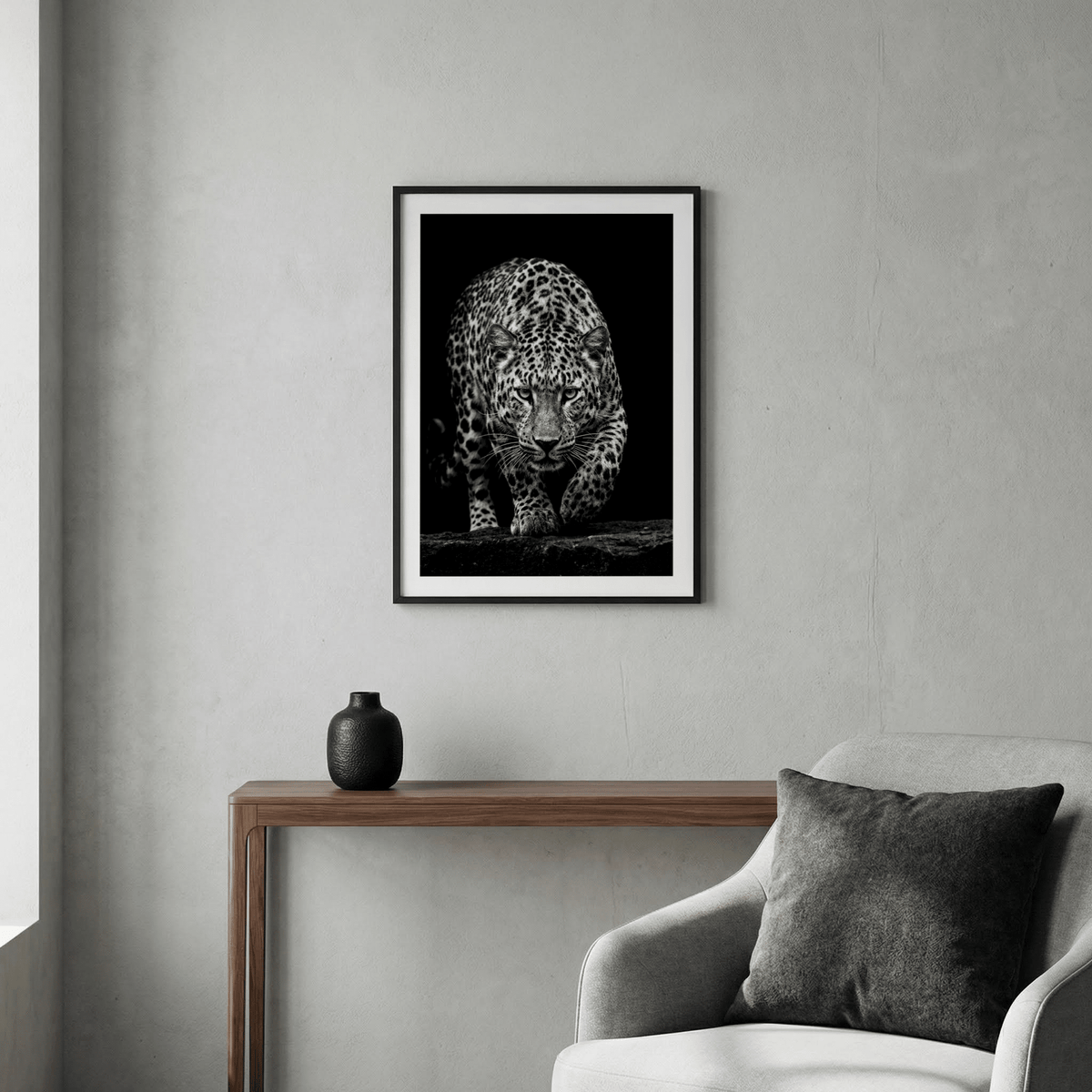 Dramatic leopard wall art print with sharp fur texture and a minimal background