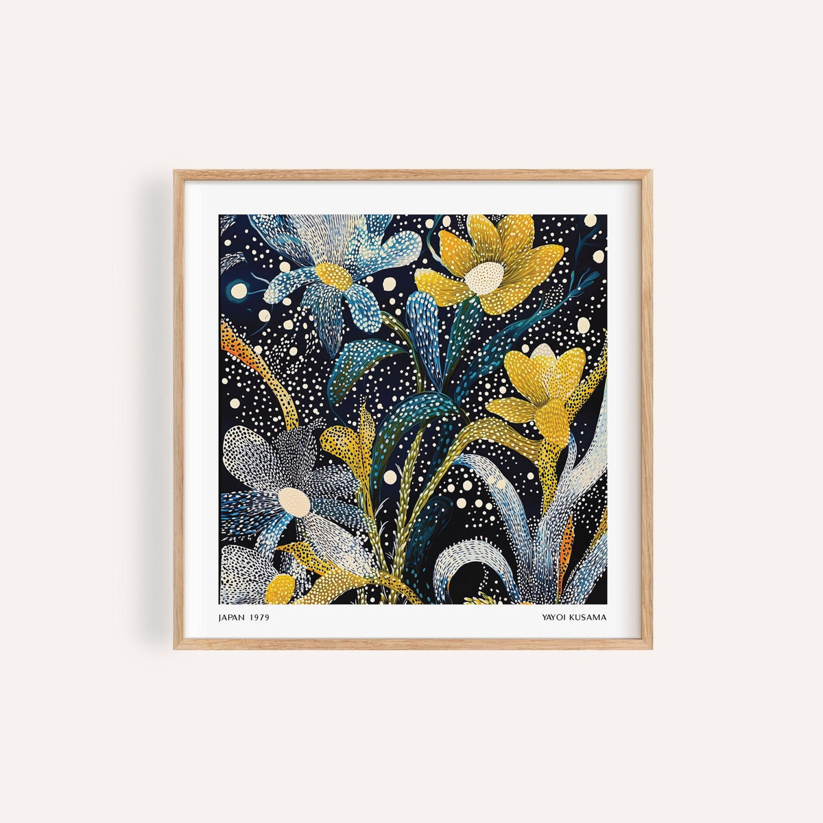 Dark floral wall art with yellow and blue blooms for living room settings

