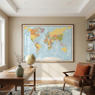 World map on a wall in a room with a desk and chair.
