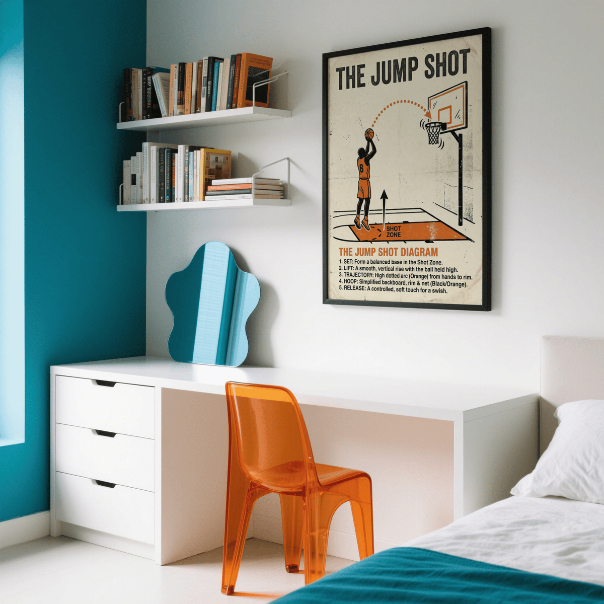 Crop of sports wall art print showing hoop, backboard, rim, and net in simplified diagram style