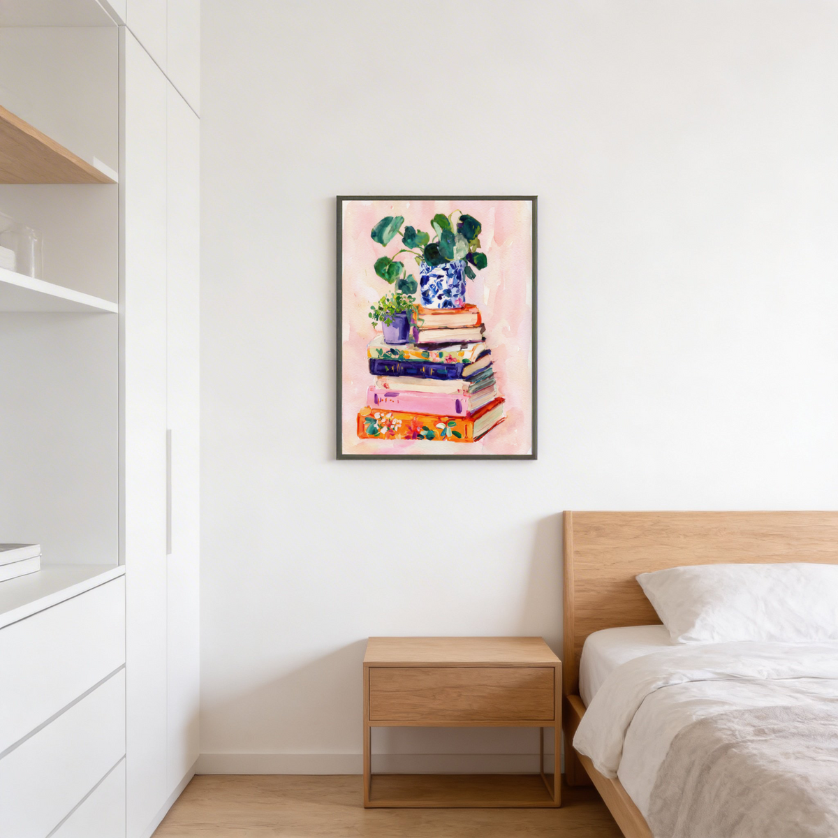 Reading nook poster depicting layered book spines with a small plant pot