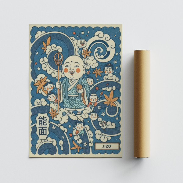 Storybook-style wall art poster with Jizo character, kids in clouds, and maple leaves