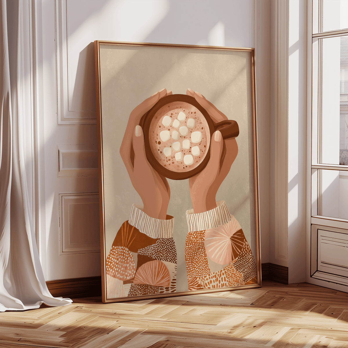 Living room wall art Cute Coffee Art Print with soft brown palette