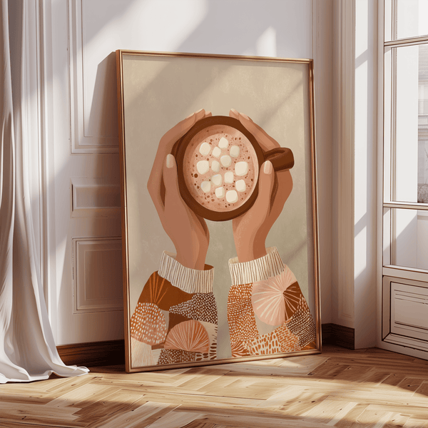 Living room wall art Cute Coffee Art Print with soft brown palette