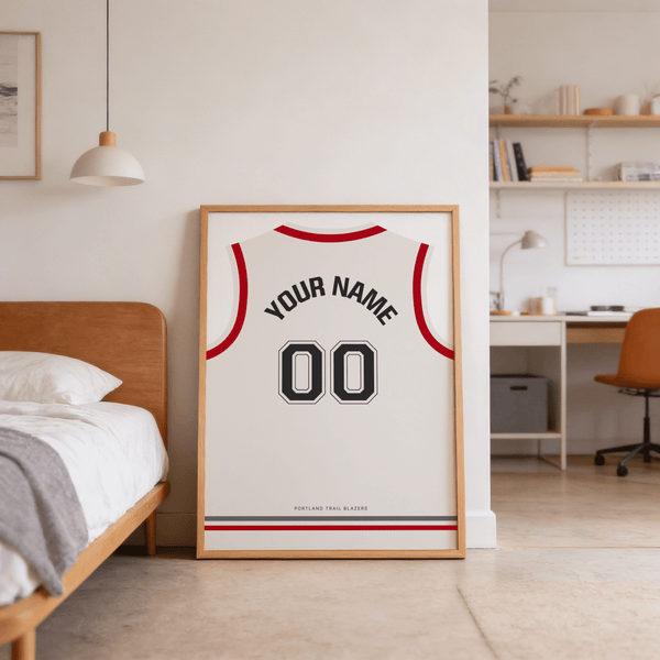 Displaying basketball jersey wall art poster with red trim, 00 number, and team name at bottom