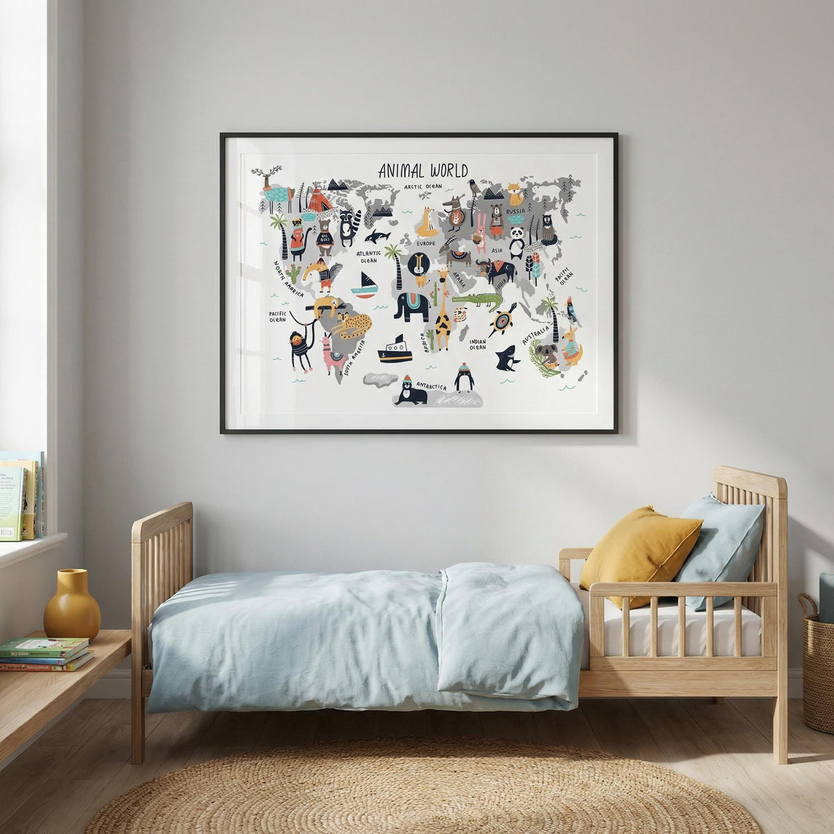 Framed map of animal world on a wall above a bed in a bedroom.
