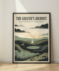 Vintage-style golf landscape print with layered hills and a glowing ball arc