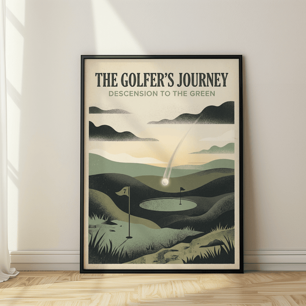 Vintage-style golf landscape print with layered hills and a glowing ball arc