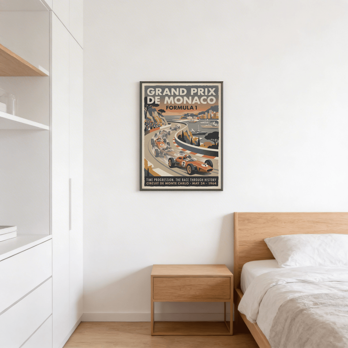 Retro motorsport wall decor with centralized roadway and city backdrop