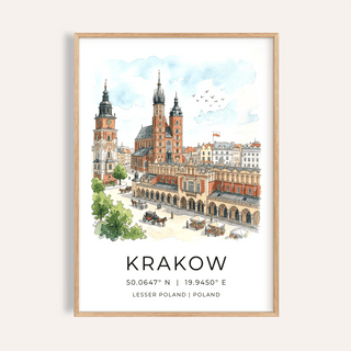 Framed print close-up of Krakow Cityscape wall art with watercolour buildings and blue sky