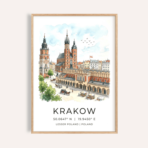 Illustrated Krakow Cityscape Wall Art poster showing cathedral towers and town square