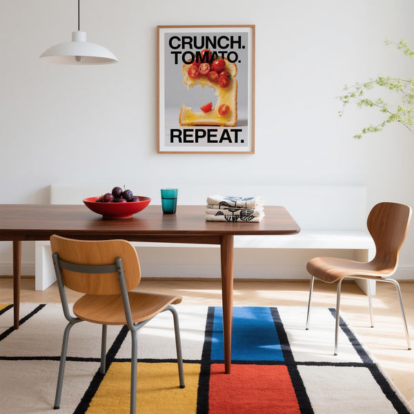 Dining Table Wall Art showcasing juicy tomatoes and a bite of toast in crisp detail.