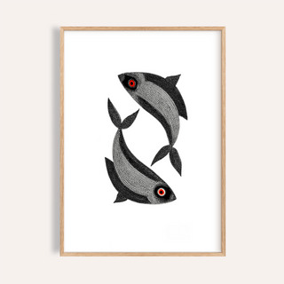 Madhubani Fish Wall Art showing two stylised fish in circular layout
