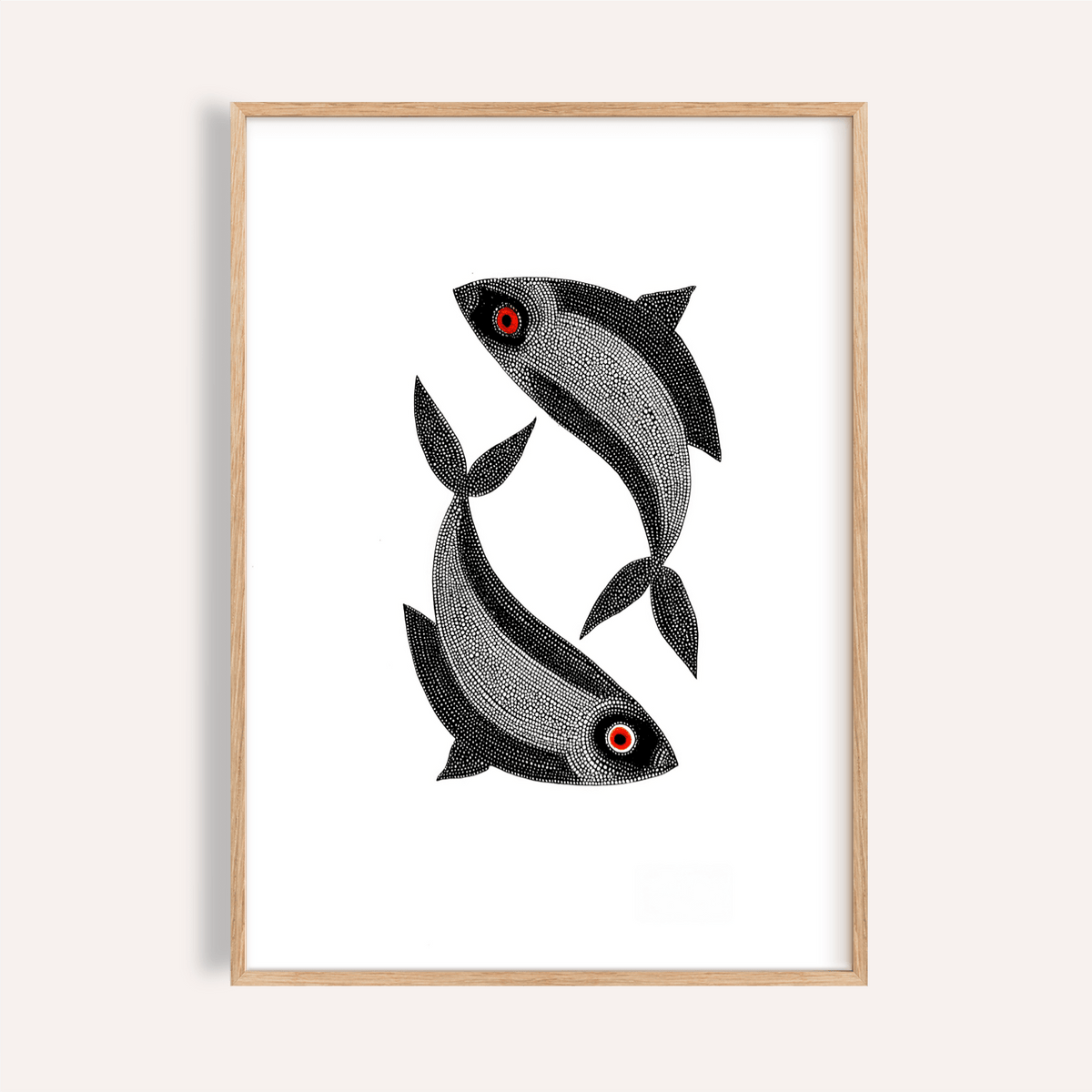 Madhubani Fish Wall Art showing two stylised fish in circular layout