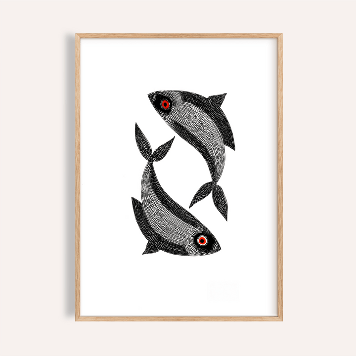 Madhubani Fish Wall Art showing two stylised fish in circular layout