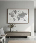 World map poster on a wall in a modern living room