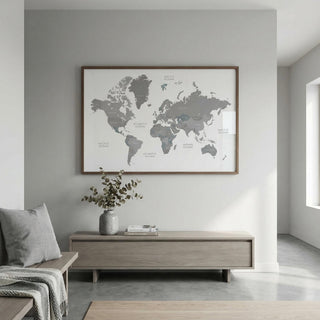 World map poster on a wall in a modern living room