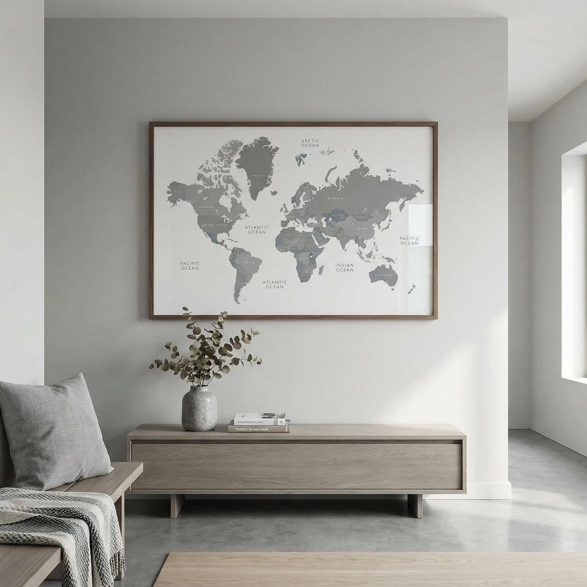 World map poster on a wall in a modern living room