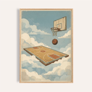 Basketball Court Art Print floating hardwood court and hoop among clouds