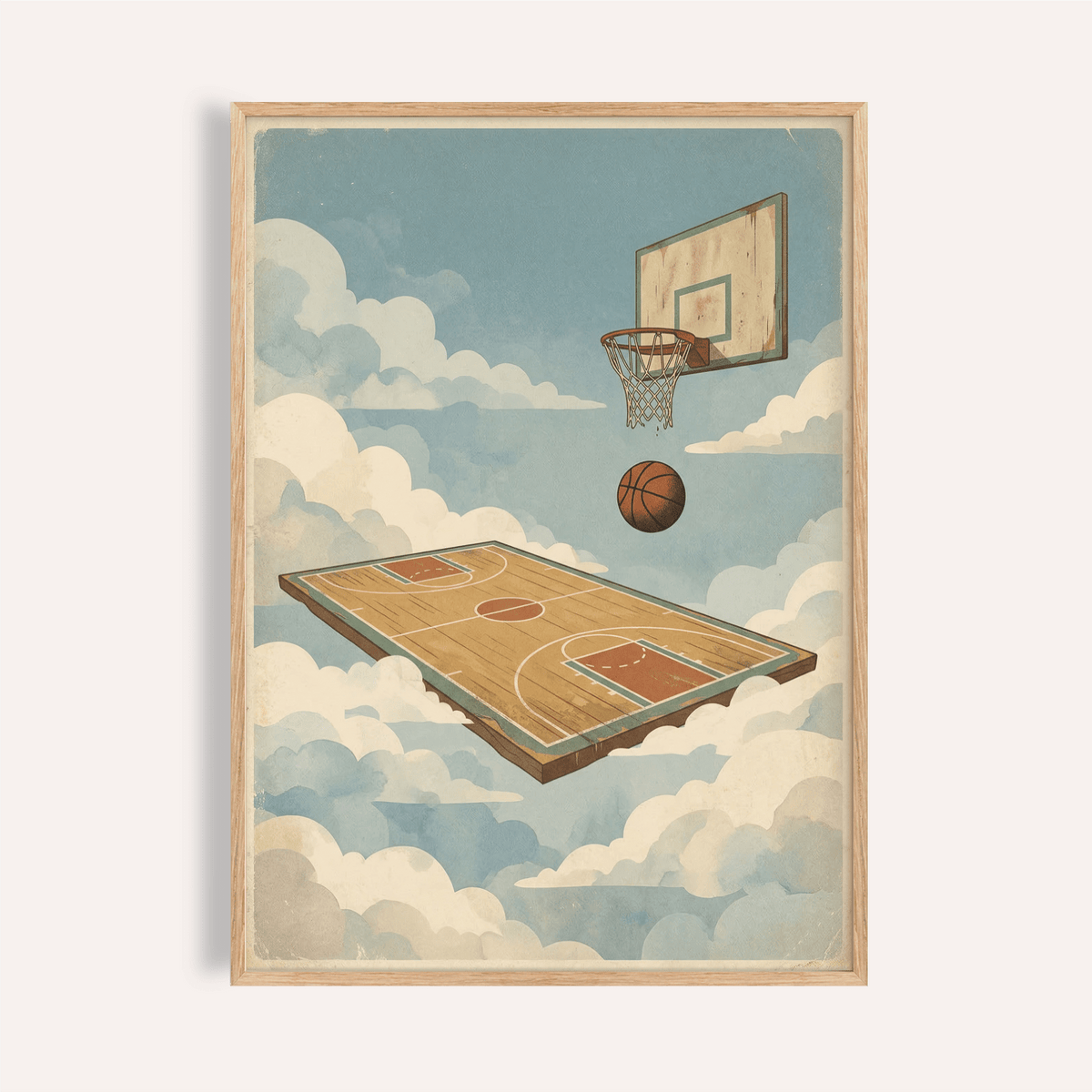 Basketball Court Art Print floating hardwood court and hoop among clouds