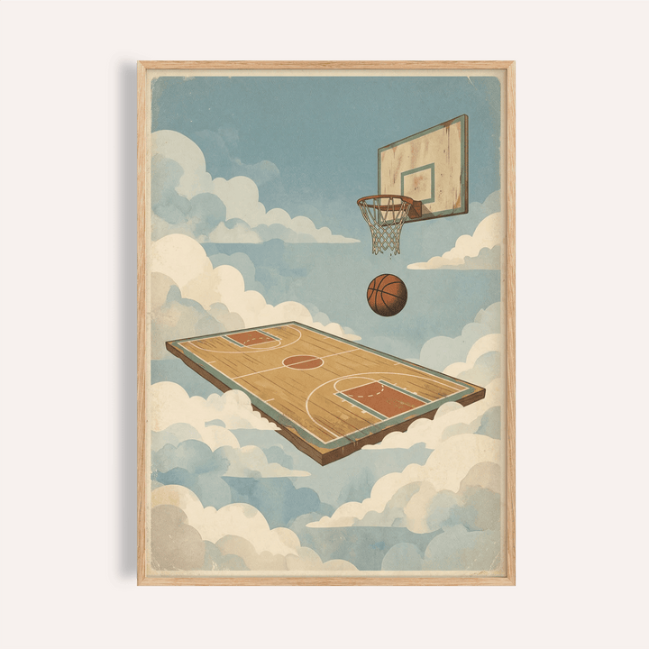 Basketball Court Art Print floating hardwood court and hoop among clouds