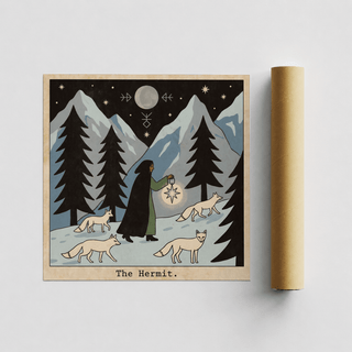 Close-up of cloaked figure holding lantern on The Hermit Tarot Card Art wall print