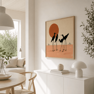 Minimalist desert scene with four black bird cutouts under round sun