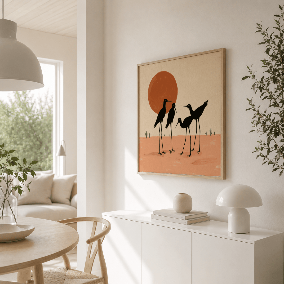 Minimalist desert scene with four black bird cutouts under round sun