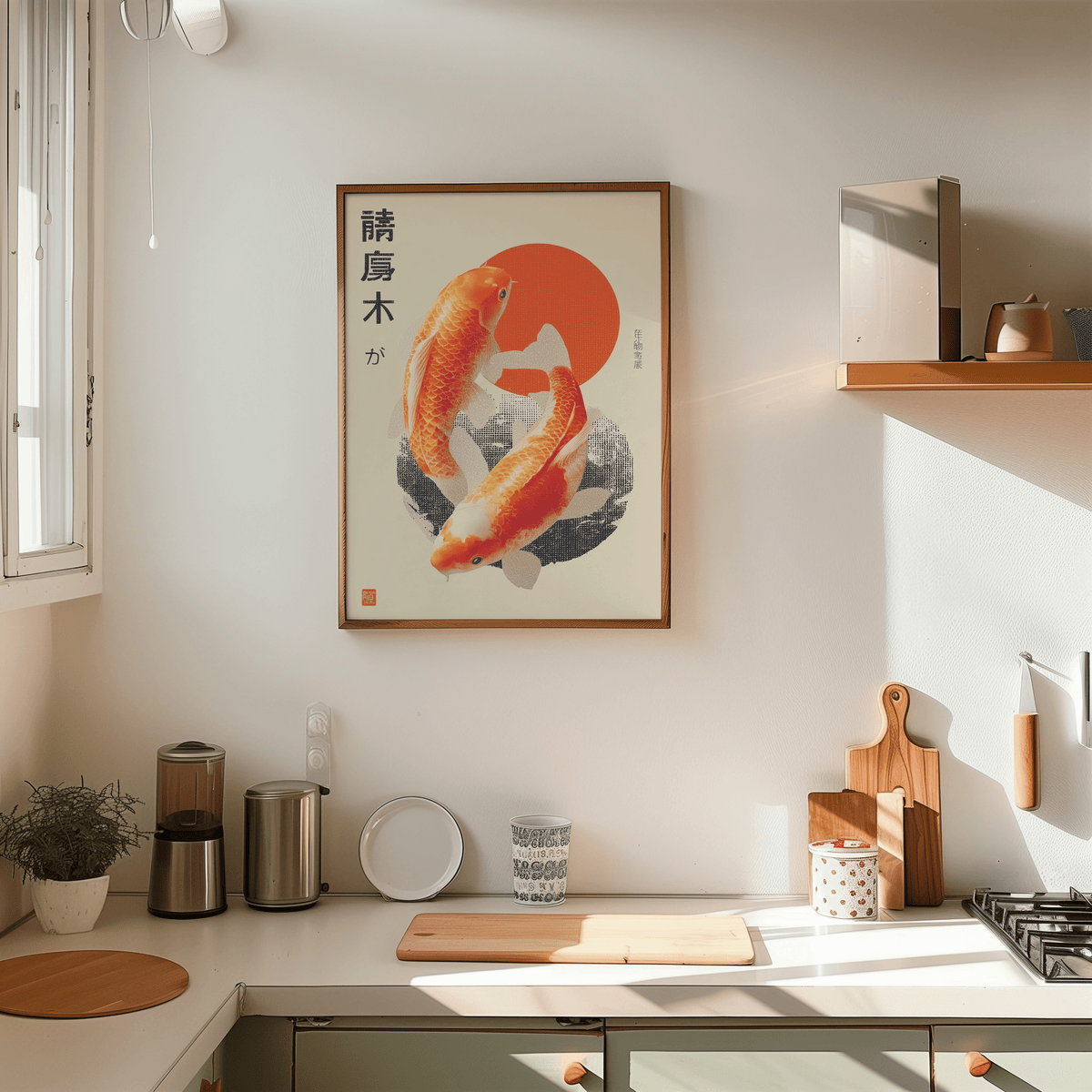 Modern Koi Fish Art Print, red and beige colors for study wall art