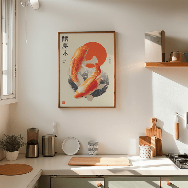 Modern Koi Fish Art Print, red and beige colors for study wall art