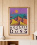 Close-up view of Arrakis Dune Print wall art showing twin suns, textured grain, and dune gradients