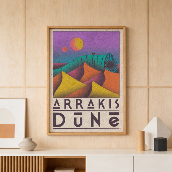 Close-up view of Arrakis Dune Print wall art showing twin suns, textured grain, and dune gradients