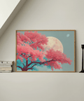 Japanese Moon Tree Art with main colors Pink Blue for tranquil spaces