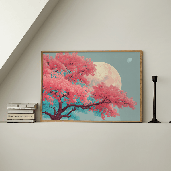 Japanese Moon Tree Art with main colors Pink Blue for tranquil spaces