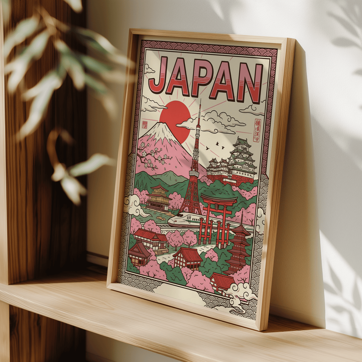 Japan Wall Art with traditional motifs in Green for zen-inspired living room