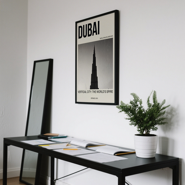 Close-up of Dubai poster print showing Burj Khalifa silhouette and grainy black-and-white photo texture