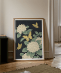Vintage Butterfly Poster for office, Beige hydrangea, Yellow butterfly design