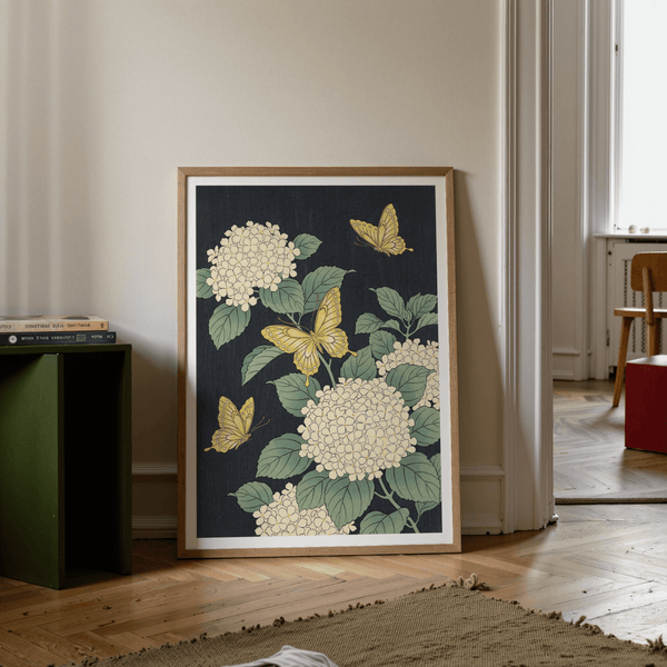 Vintage Butterfly Poster for office, Beige hydrangea, Yellow butterfly design