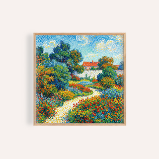 Colorful Flower Garden Print with Multicolored and Blue tones for living room wall art