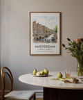 Minimal travel wall art poster with Amsterdam coordinates and canal scene